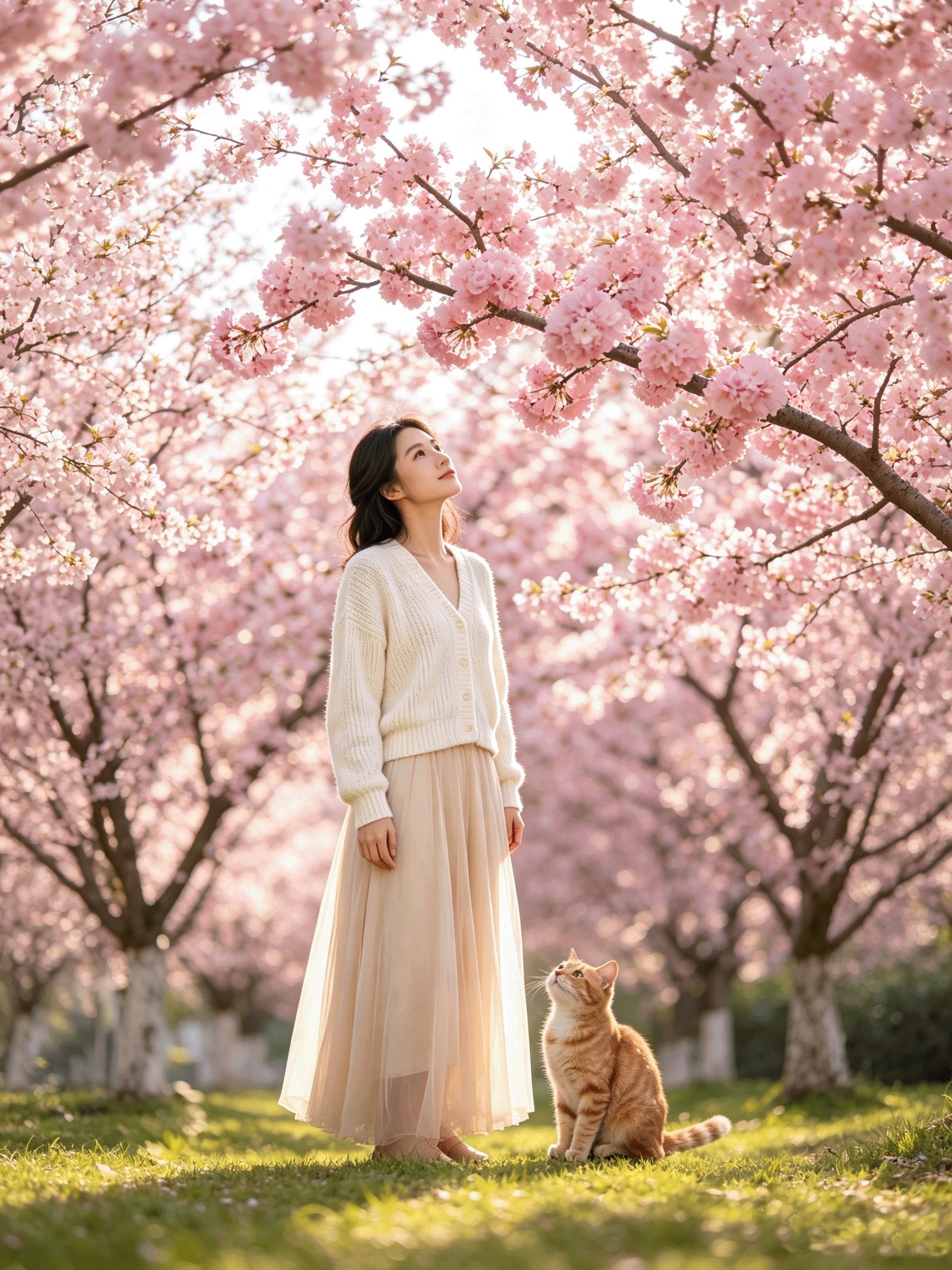 海棠花下女生与橘猫
